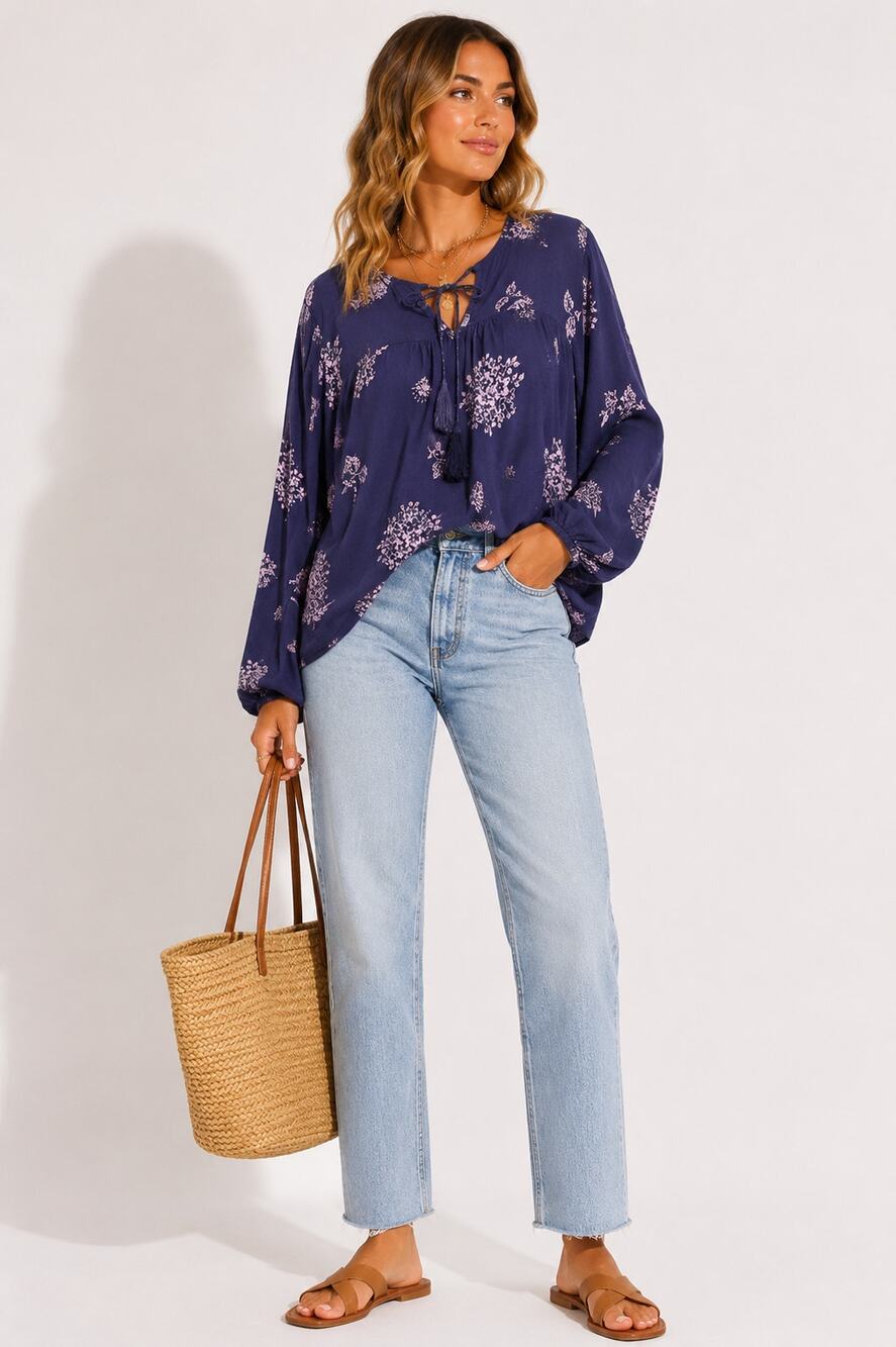 Skies Are Blue Floral Peasant Blouse Large Blue Boho Tie Neck Top